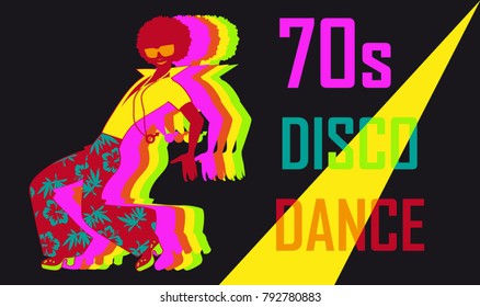 70s style disco dance poster with a dancing stylish guy, EPS 8 vector illustration