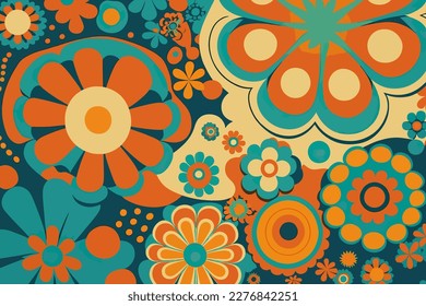 The 70's style floral pattern with abstract shapes, flat Colorful illustration