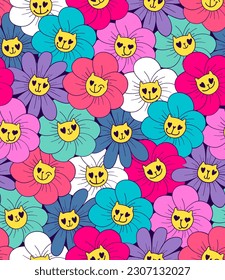 70s style flowers seamless pattern. Flower with cat faces, heart eyes. Dandelion endless ornament. Bloom repeat print. Blossom repeat wrapping paper