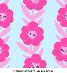 70s style flowers seamless pattern. Flower with cat faces, heart eyes. Dandelion endless ornament. Bloom repeat print. Blossom repeat wrapping paper