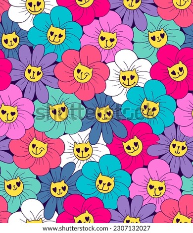 70s style flowers seamless pattern. Flower with cat faces, heart eyes. Dandelion endless ornament. Bloom repeat print. Blossom repeat wrapping paper