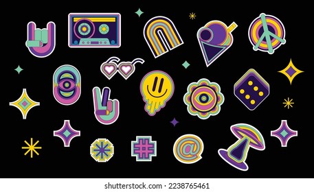 70s style groovy colorful vector stickers vintage aesthetic fun comic woodstock hippie pack for general use