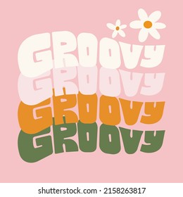 70s style groovy poster illustration. Handwritten retro hippie poster, vintage style flower, vector. 