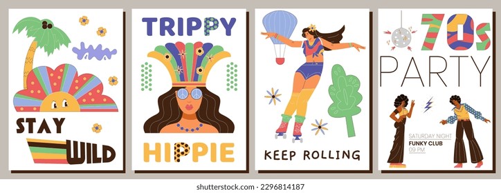 70s style posters with vector retro illustrations. Vintage prints and disco party invitation. 