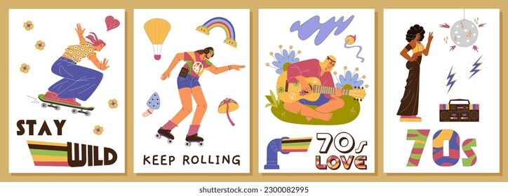 70's style posters with vector retro illustrations. Vintage prints with people from the 70s. Hippies, disco dancer, roller skater characters.