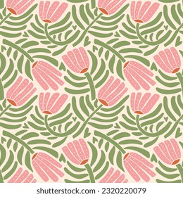 70s style retro botanical seamless pattern. Abstract groovy flowers with leaves and branches. Flat vector Hand drawn floral vintage print for fabric, wallpaper, packaging, wrapping paper