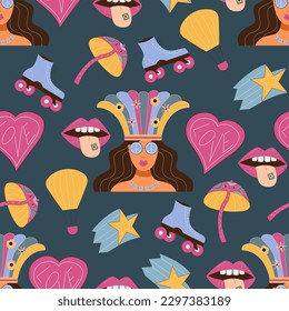 The 70s style seamless vector pattern with funky retro illustrations.