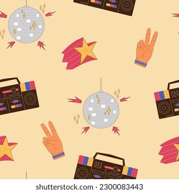 The 70s style seamless vector pattern with retro illustrations of disco ball, boom box, hand showing peace and star.