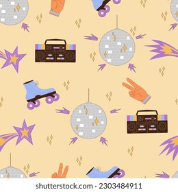 The 70's style seamless vector pattern with retro illustrations of disco ball, boom box, hand showing peace; star and roller skate.