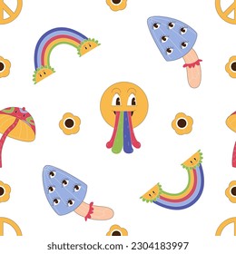 The 70s style seamless vector pattern with retro illustrations of rainbows, mushrooms with eyes, flowers.