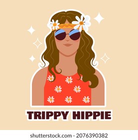 70s style sticker. Beautiful hippie woman in sunglasses and floral headband. Colorful icon with character. Design element for covers, postcards and social networks. Cartoon flat vector illustration