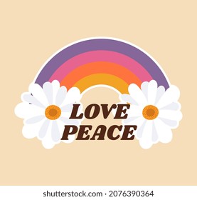 70s style sticker. Colorful icon with flowers, rainbow and inscription. Modern hippie poster. Design element for social media and fabric printing. Cartoon contemporary flat vector illustration