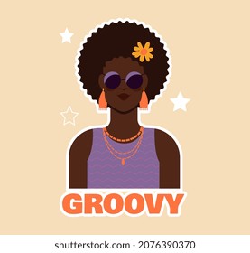 70s style sticker. Colorful icon with young hippie woman. Female character in sunglasses and bright accessories. Design element for postcards and social networks. Cartoon flat vector illustration