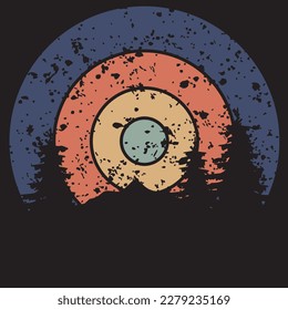 70s style striped circle retro background. Vintage logo with forest landscape. Vector illustration