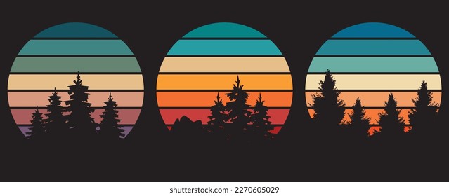 70s style striped sunsets retro background set collection. Abstract sunrise logos with forest landscape. Vector illustration