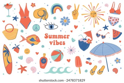 70s style Summer set. Cute colorful beach vacations clipart. Retro elements collection of Summer sea holidays. Hand drawn flat style vector illustrations for stickers, textile, social media design.