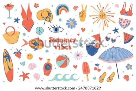 70s style Summer set. Cute colorful beach vacations clipart. Retro elements collection of Summer sea holidays. Hand drawn flat style vector illustrations for stickers, textile, social media design.