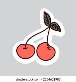 Estilos de los años 70 pegatinas vectoriales de doodle. Cereza dulce roja.