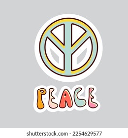 70s styles vector doodle sticker. Peace sign, lettering Peace.