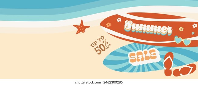 70s Summer Sales Banner with Surfboards