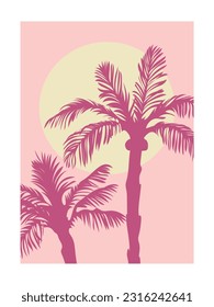 70s sunset and pink palm trees. Vintage bohemian art print. Abstract artwork poster. Exotic vector illustration.