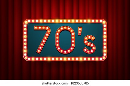 70's. text with electric bulbs frame on red background. Vector illustration