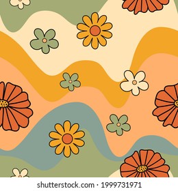 70s Themed Groovy Waves And Floral Pattern Background. 