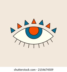 70s vector psychedelic eye with abstract ornament. Retro groovy graphic element. Cartoon funky sticker. Vintage boho illustration