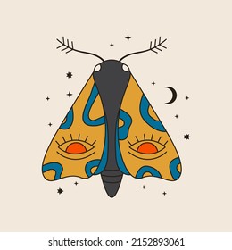 70s vector psychedelic tattoo moth. Retro groovy graphic element of butterfly with abstract wings. Cartoon hippy sticker. Vintage boho insect illustration