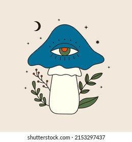 70s vector psychedelic tattoo mushroom with eye. Retro groovy graphic element of poisonous toadstool. Cartoon funky sticker. Vintage boho illustration