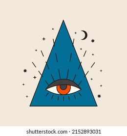 70s vector psychedelic tattoo religion symbol. Retro groovy graphic element of triangle with abstract eye. Fortune teller hippy sticker. Vintage boho illustration