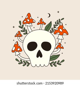 70s vector psychedelic tattoo of skull with poisonous mushrooms. Retro groovy graphic element. Cartoon mystic sticker. Vintage boho illustration