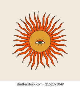 70s vector psychedelic tattoo symbol. Retro groovy graphic element of sun with wavy beams. Fortune teller hippy sticker. Vintage boho illustration