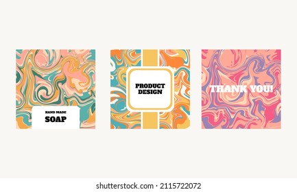 70s vibes retro background, product pack design collection. Liquid, wavy abstract shapes backdrop, card design set. Vector illustration.