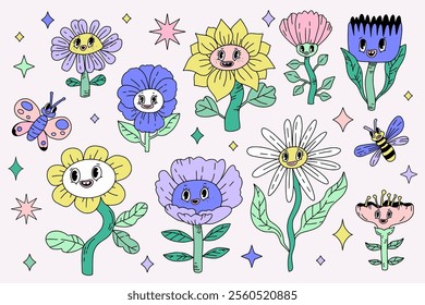 70's vintage groovy flowers collection. Hippie cute retro elements with  flower. Psychedelic outline flora. Funky chartoon character concepts. Colorful vector set for prints, stickers