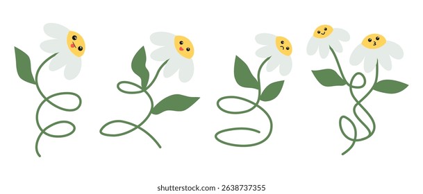 70's vintage groovy flowers collection of daisy flower, cartoon character illustration with cute face emotion set in retno 60s and 70s hippie style.