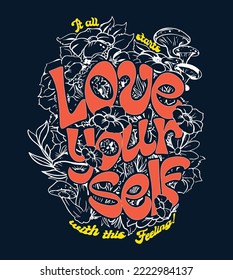 70s vintage retro groovy flower with love yourself typography