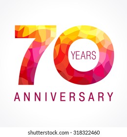 70s years old celebrating fiery logo. Anniversary flamed year of 70 th. Vector congrats flamy 0 numbers. Flaming greetings celebrates with volume. Stained-glass digits and flames. Mosaic figures.