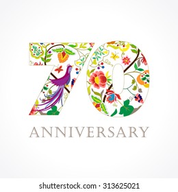 70s years old luxurious celebrating folk logo. Template colored happy anniversary greetings, ethnics flowers, plants, paradise flying birds. Set of traditional vintage style colorful congratulations.