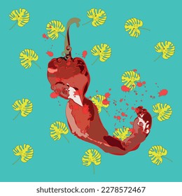 70s-style illustration, chilli peppers in the background with monsters