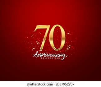 70th anniversary background with 3D number illustration golden numbers and Anniversary Celebration text with golden confetti on red background.