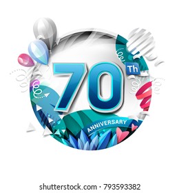 70th anniversary background with balloon and confetti on white. 3D paper style illustration. Poster or brochure template. Vector illustration.