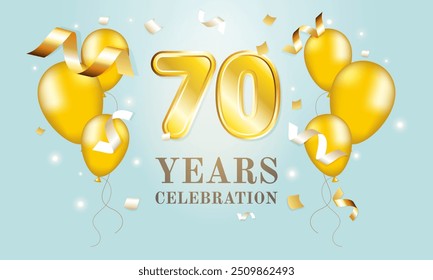 70th anniversary. Birthday. Blue background, gold numbers and balloons.