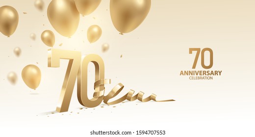 70th Anniversary celebration background. 3D Golden numbers with bent ribbon, confetti and balloons.
