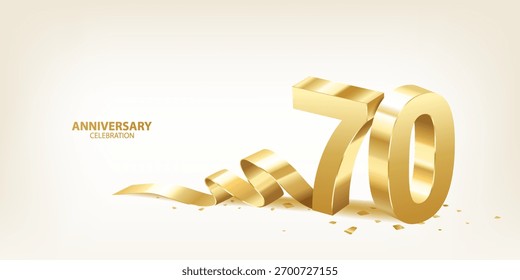 70th Anniversary celebration background. 3D Golden numbers with ribbon and confetti.