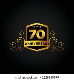 Antecedentes de la celebración del 70 aniversario. Ilustración vectorial, afiche de banner de saludo bonito y logotipo dorado con texto dorado y número de oro.