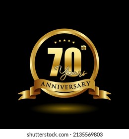70th anniversary celebration. Birthday logo with gold ribbon and gold color isolated on a black background, vector designs for celebrations, invitation cards, greeting cards, and banners