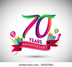 70th Anniversary Celebration Design, with gift box and balloons, Red ribbon, Colorful Vector template elements for your, seventy years birthday celebration party.