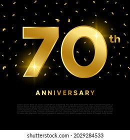 70th anniversary celebration with gold glitter color and black background. Vector design for celebrations, invitation cards and greeting cards.