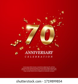 70th Anniversary celebration. Golden number 70 with sparkling confetti, stars, glitters and streamer ribbons on red background. Vector festive illustration. Birthday or wedding party event decoration